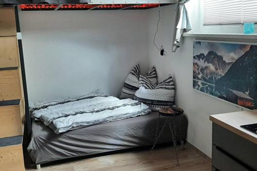 a bed with pillows on it in a room at Einzimmerwohnung am Lechweg in Wangle