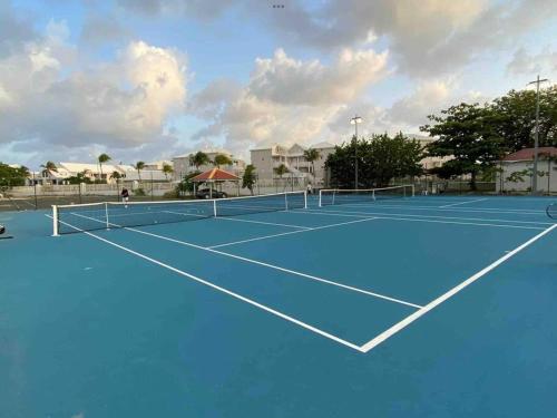 einen Tennisplatz mit einem blauen Tennisplatz in der Unterkunft DREAM ON THE BEACH in Baie Nettle