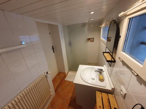 a bathroom with a sink and a mirror at La petite chambre bleue in Amilly