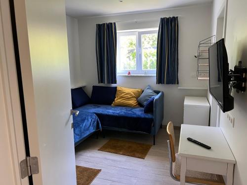 a living room with a blue couch and a window at Les Cerisettes in Wavre