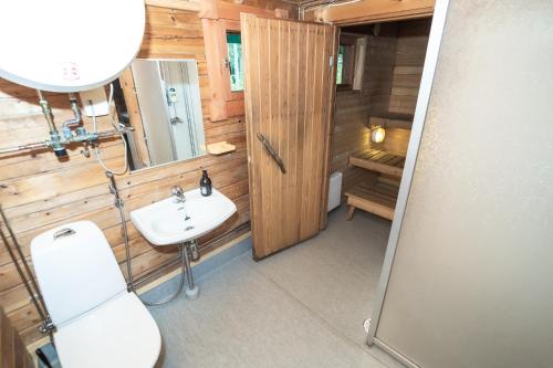een badkamer met een wastafel, een toilet en een spiegel bij Lomakylä Timitraniemi in Lieksa