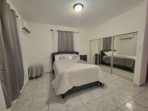 卡沃羅霍的住宿－Boqueron el “Carribe” “paradise”，一间卧室配有一张床和一面大镜子