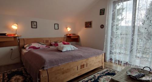 ein Schlafzimmer mit einem Bett und einem großen Fenster in der Unterkunft Apartments with a parking space Plaski, Velebit - 20466 in Plaški