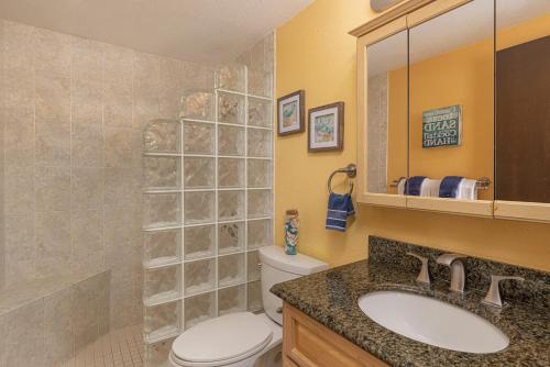 a bathroom with a toilet and a sink and a shower at Sea Village #3202 in Kailua-Kona