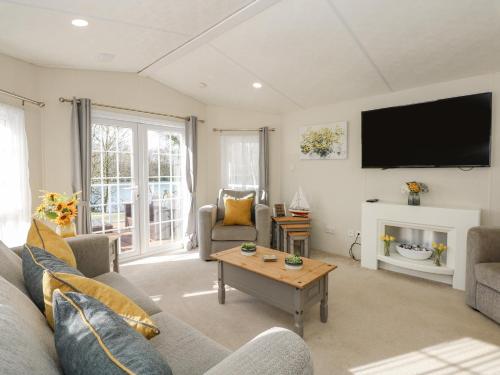 a living room with a couch and a tv at Lakeside View in Kings Lynn
