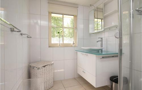y baño blanco con lavabo y ducha. en Lovely Home In Ijhorst With Wifi, en IJhorst