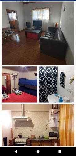 2 fotos de una sala de estar y un dormitorio en Departamentos alvear en Esquel