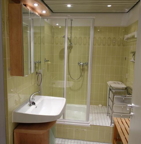 a bathroom with a sink and a shower at Panorama Whg 73, 5 OG in Cuxhaven