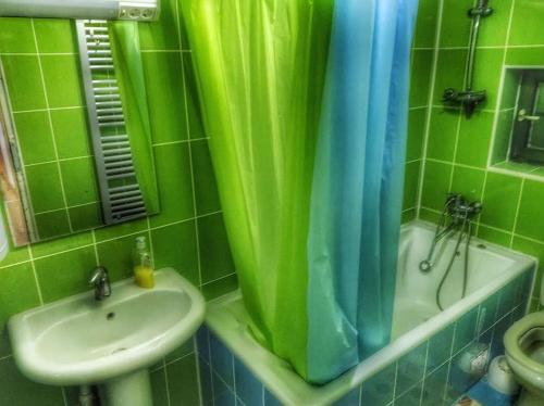 a green bathroom with a sink and a shower curtain at Apartman Borići in Soko Banja