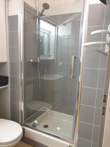 a shower with a glass door in a bathroom at Les Residences Pinea in Calvi