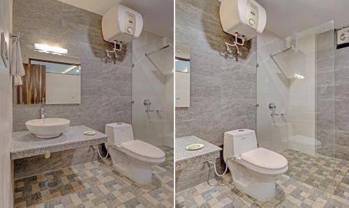 two pictures of a bathroom with two toilets and a sink at Treebo Ortus Residency in Dharamshala