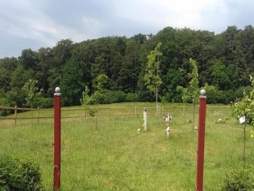 a field with red posts in the grass with animals at Reiterhof Bökensberg in Kasseedorf