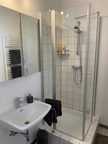 ein Bad mit einem Waschbecken und einer Dusche in der Unterkunft Gästezimmer Sophie in Knittelfeld