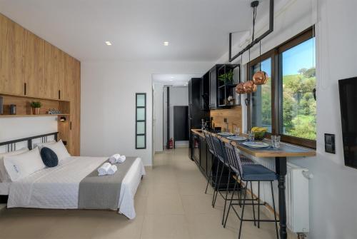 AsgourouにあるKYANO lux apartment sea viewのベッドルーム1室、リビングルーム(ベッド1台、バー付)