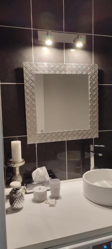 a bathroom counter with a sink and a mirror at Bel Cabourg in Cabourg