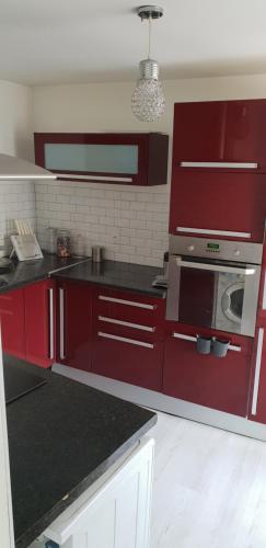 une cuisine avec des armoires rouges et un micro-ondes dans l'établissement Gite du parc, à Pont-de-Chéruy