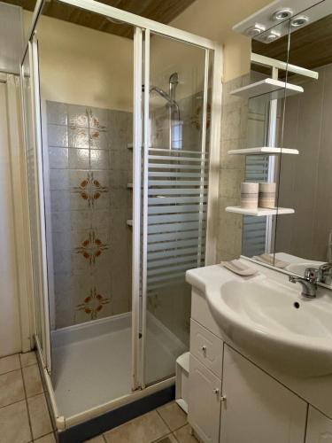 y baño con ducha y lavamanos. en Holidayhome for 6 persons at Ferme la Geneste, en Coux-et-Bigaroque