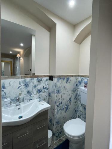 y baño con aseo blanco y lavamanos. en Maison de Cavour en Rivarolo Canavese