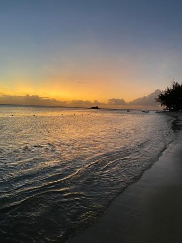 a beach with a sunset in the background at Residence La Colombe in Grand Baie