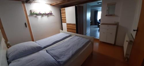 a bedroom with a bed with blue pillows on it at Möwennest in Wangerland-Frederikensiel