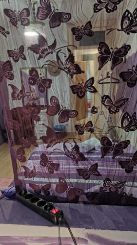 a bed with butterflies on a curtain in a room at AL-Pinheiro 62 in Porto