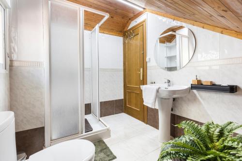 een badkamer met een douche, een toilet en een wastafel bij Mi Bella in Totana