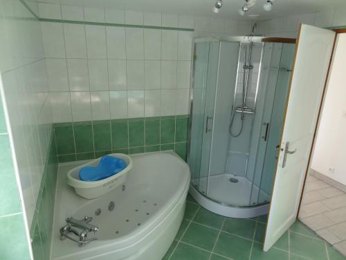 ein Badezimmer mit einer Dusche, einem WC und einer Badewanne in der Unterkunft Gîte de l Alouette (3 Etoiles) in Grainville-Ymauville