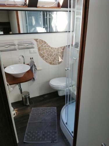 a small bathroom with a toilet and a sink at Ferienhaus 30 am Silbersee mit Badezuber in Frielendorf