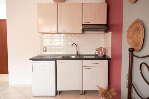 uma cozinha com armários brancos e um lavatório em Boho House Florina em Florina