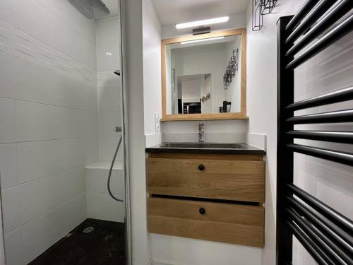 une salle de bain avec un lavabo et un miroir dans l'établissement Appartement 2P RDC - Proche plage, parking, WIFI, animaux acceptés - FR-1-246A-222, à Saint-Georges-dʼOléron