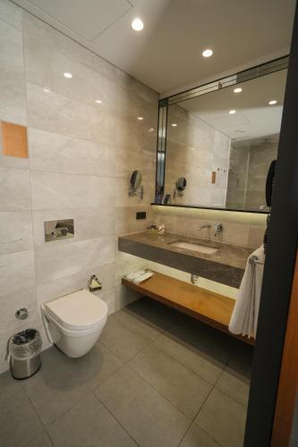 a bathroom with a toilet and a sink and a mirror at Dedeman Cizre Hotel in Jesıret ibn Omar