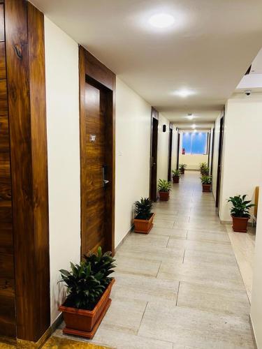 un couloir avec des plantes en pot dans un bâtiment dans l'établissement HOTEL TOUCHWOOD, à Visakhapatnam