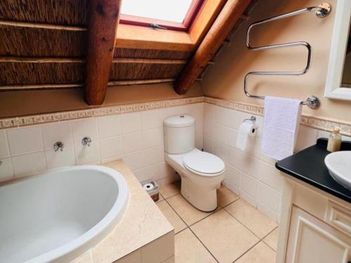 uma casa de banho com um WC, um lavatório e uma janela em SeaHouse em Jacobs Bay