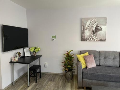 a living room with a couch and a table at Apartments Dora Sveti Martin na Muri in Sveti Martin na Muri