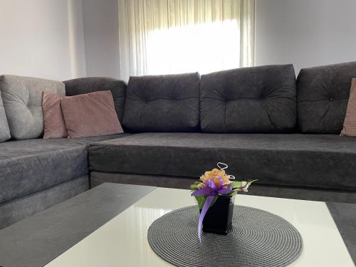 a living room with a couch and a vase with flowers at Apartments Dora Sveti Martin na Muri in Sveti Martin na Muri