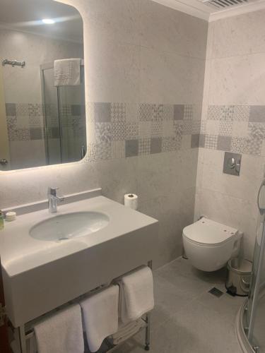 a bathroom with a sink and a toilet and a mirror at May Flower Apart Hotel in Alanya