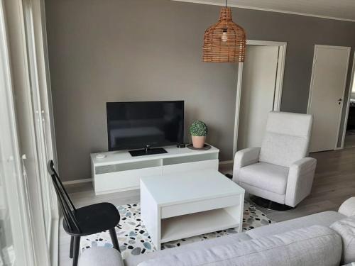 ein Wohnzimmer mit einem TV, einem Sofa und einem Stuhl in der Unterkunft Comfortable villa with a hot tub 
