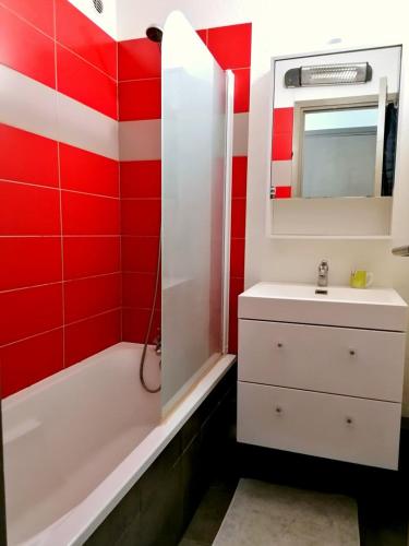 La salle de bains est pourvue de murs rouges, d'un lavabo et d'un miroir. dans l'établissement Domaine de la Coudoulière, Calme, sans vis à vis, proche mer, piscine, à Six-Fours-les-Plages