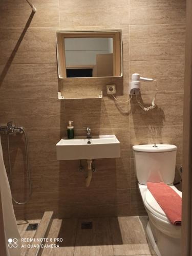 a bathroom with a sink and a toilet and a mirror at Thess Rooms Agion Panton 12 in Thessaloniki