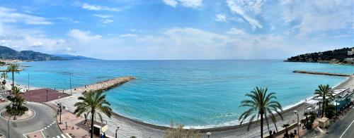 Una vista de una playa con palmeras y el océano. en Appartement Le Schooner, en Roquebrune-Cap-Martin