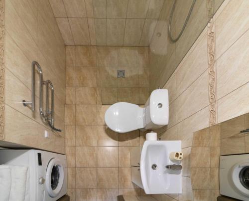 łazienka z toaletą i umywalką w obiekcie Apartamentai Malūno Vilos w Połądze