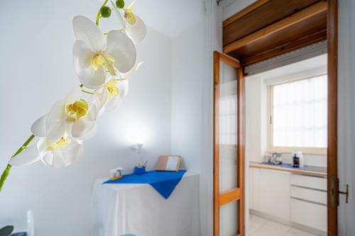 una stanza con fiori di orchidea bianca sul muro di Trivano il Rifugio a Carbonia