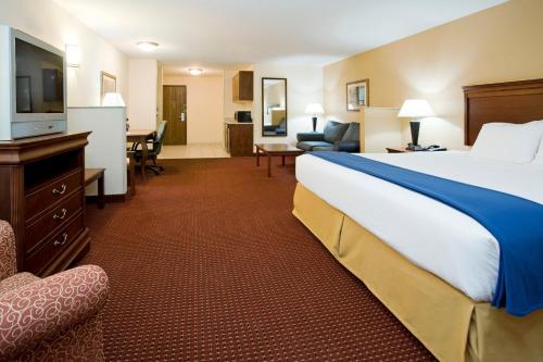 ソルトレイクシティにあるHoliday Inn Express Airport East, an IHG Hotelの大型ベッドとテレビが備わるホテルルームです。