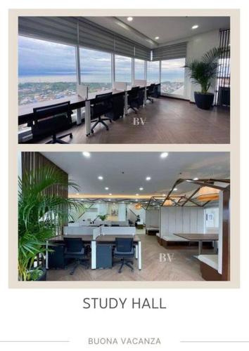 dos fotos de una oficina con vistas al océano en Buona Vacanza at Verdon Parc, en Davao City