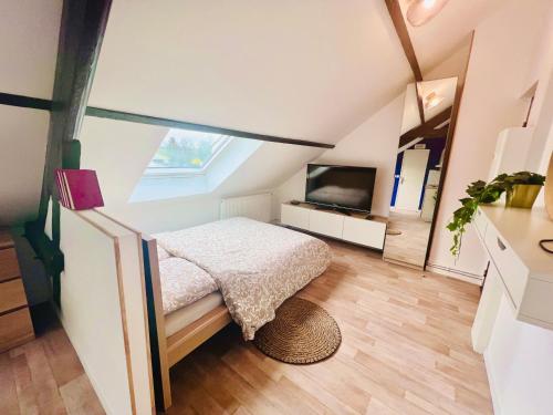 Dormitorio en el ático con cama y TV en Les studios de la Villa Jules Verne, en Amiens