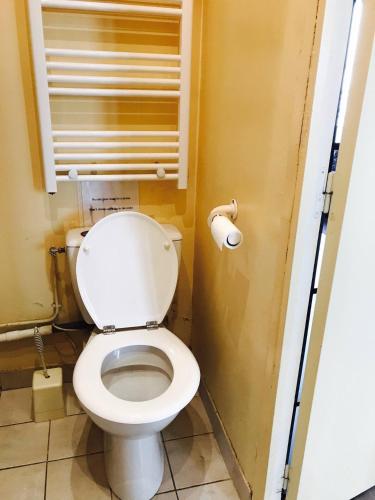 une salle de bain avec des toilettes et un rouleau de papier toilette dans l'établissement Studio Oberkampf, à Paris
