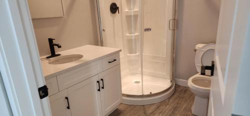 a bathroom with a shower and a sink and a toilet at ChessKings Executive Suite - 2 Bedrooms in Winnipeg