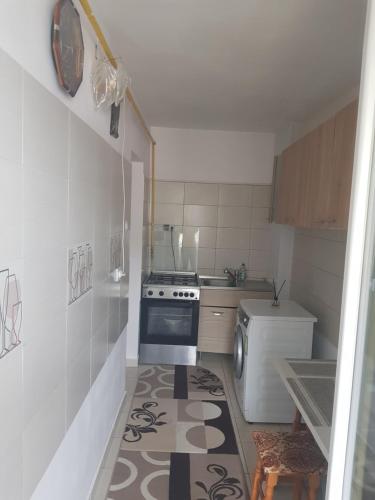 eine kleine Küche mit Herd und Spüle in der Unterkunft Garsoniera Emilia in Câmpulung Moldovenesc