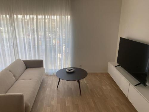 ルクセンブルクにあるNew Spacious Two Bedroom Center with Parking, near Public Transportのリビングルーム(ソファ、テーブル、テレビ付)