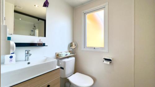 W łazience znajduje się toaleta, umywalka i lustro. w obiekcie L'incontournable Tout Confort Camping Siblu w Fréjus